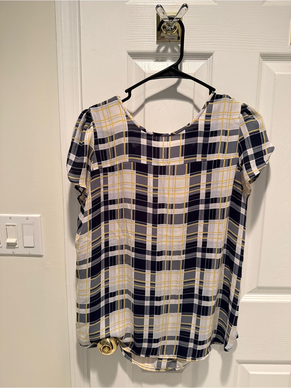 LOFT Navy, White and Yellow Plaid Short-Sleeve Blouse